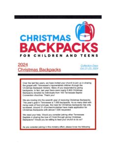 Read more about the article October 21 – October 23: Backpack Collection Days from 9:00 am. – 3:00 p.m. at West Jackson Baptist Church, Jackson