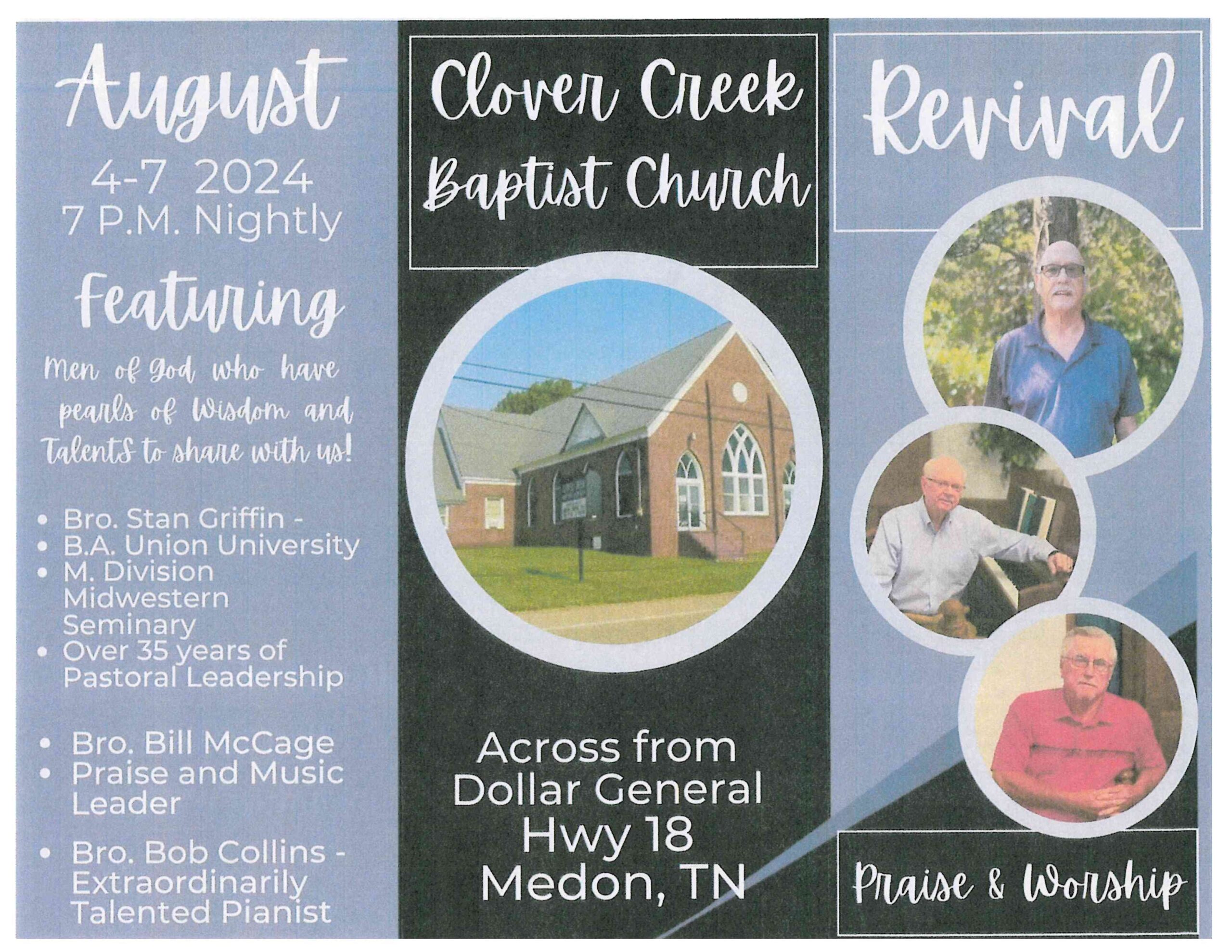 You are currently viewing Revival at Clover Creek Baptist Church: August 4 – 7, 2024 at 7 p.m. nightly