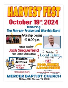 Read more about the article Harvest Fest: October 19, 2024 at Mercer Baptist Church, Mercer with children’s activities starting at 4:30 p.m. and worship begins at 6:00 p.m.