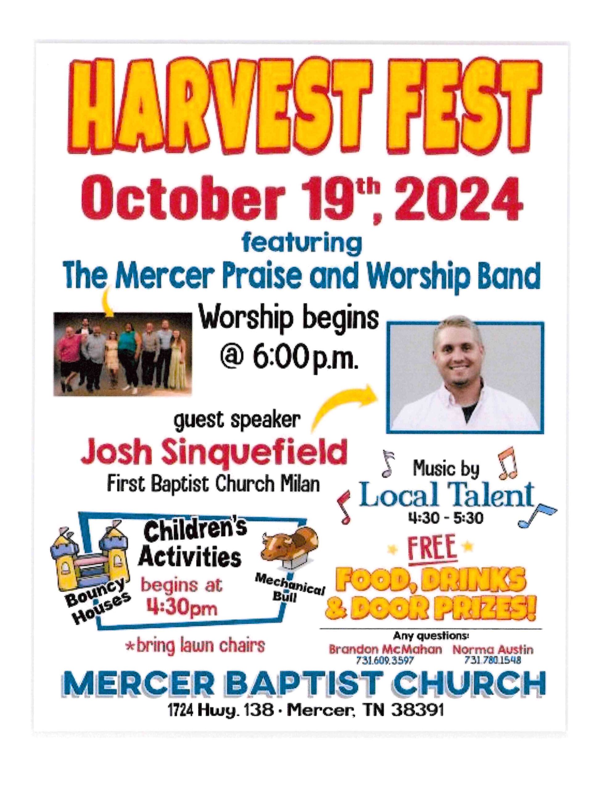 You are currently viewing Harvest Fest: October 19, 2024 at Mercer Baptist Church, Mercer with children’s activities starting at 4:30 p.m. and worship begins at 6:00 p.m.