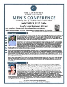 Read more about the article November 21: The Man Church Men’s Conference at Williams’ Auditorium, Henderson beginning at 6:30 p.m.