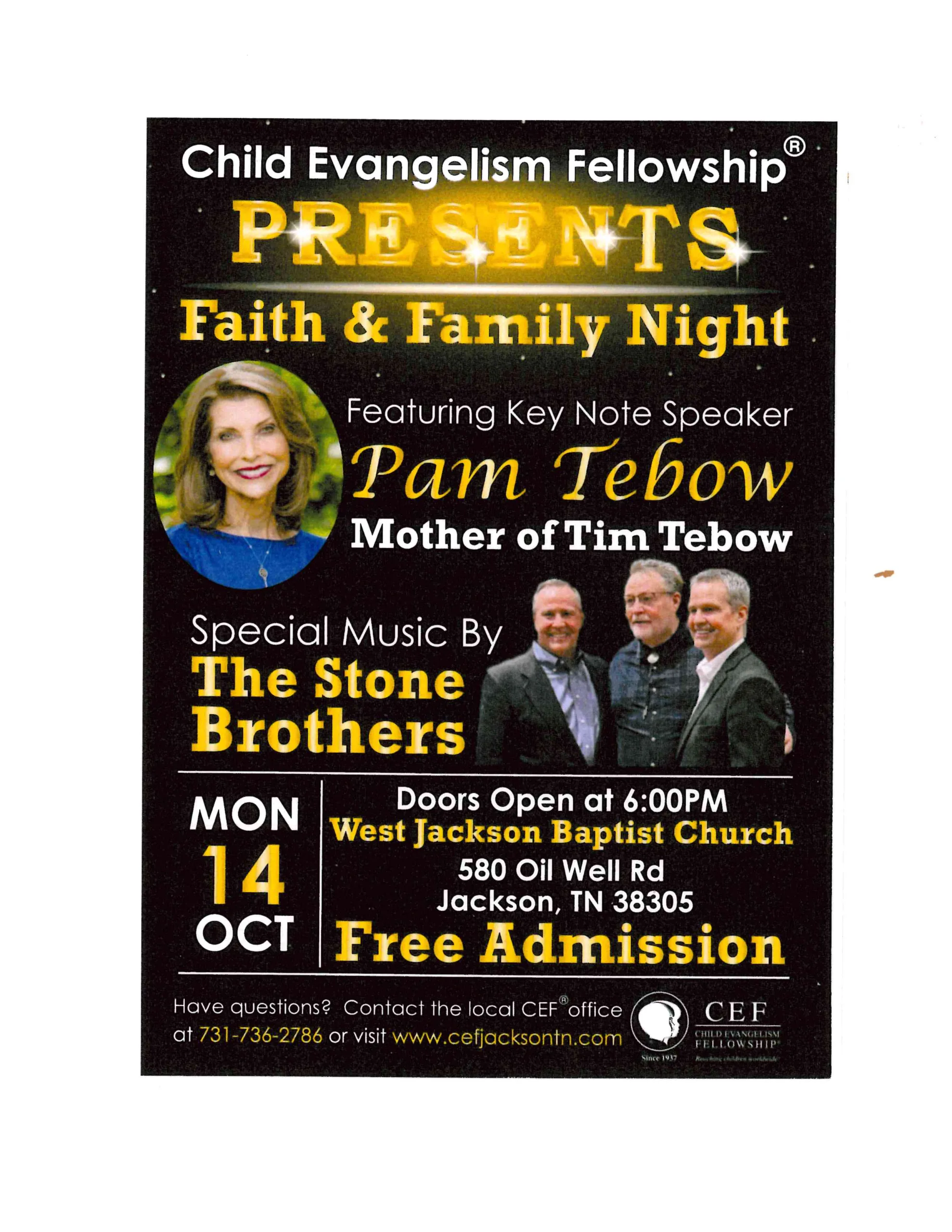 You are currently viewing OCTOBER 14: CEF PRESENTS FAITH & FAMILY NIGHT FEATURING PAM TEBOW at West Jackson Baptist Church, Jackson. Free admission with doors opening at 6:00 p.m.